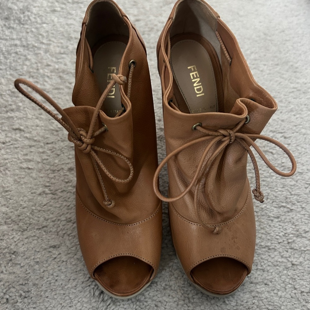 Fendi Women's Tan Lace-Up Peep-Toe Heels